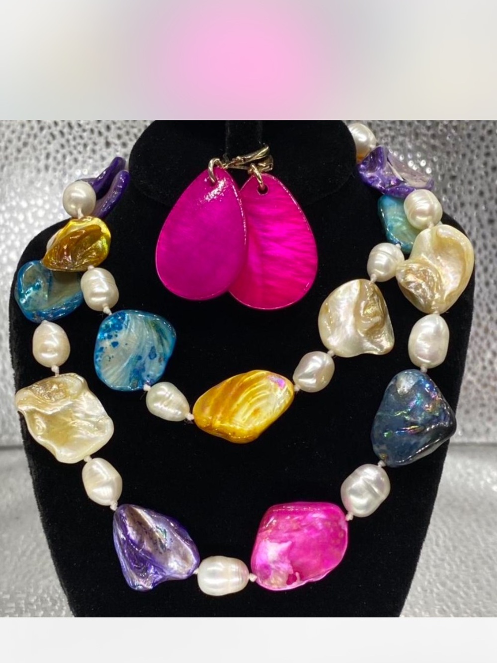 *** Albalone ^*^  Multicolor Shell / Pearl Statement Necklace / Shell Earrings - Picture 7 of 7